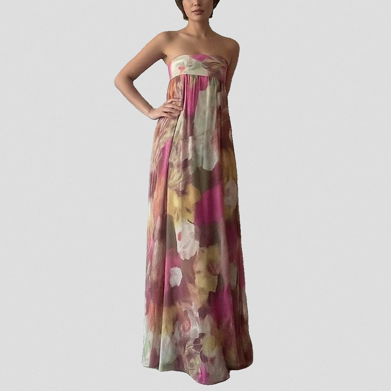 Damen Strandkleid Schulterfrei Floralmuster Lang Eveloria