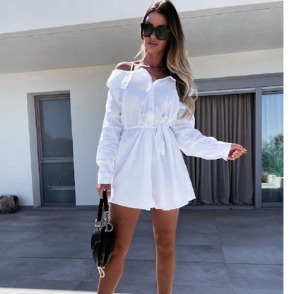 Damen Off-Shoulder-Kleid mit Gürtel Elegantes Hemdblusenkleid