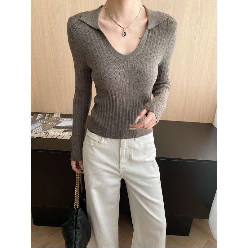 Damen Rippstrickpullover Lang V-Ausschnitt Eveloria - Eveloria