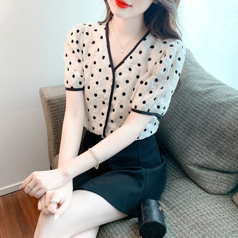Damen Bluse mit Punkten und Knöpfen Eveloria