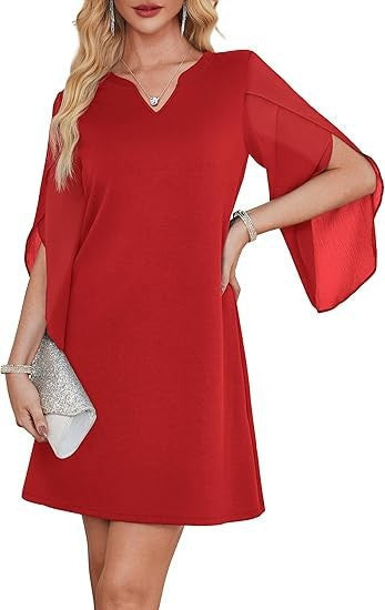 Damen V-Ausschnitt Kleid transparente Ärmel Eveloria