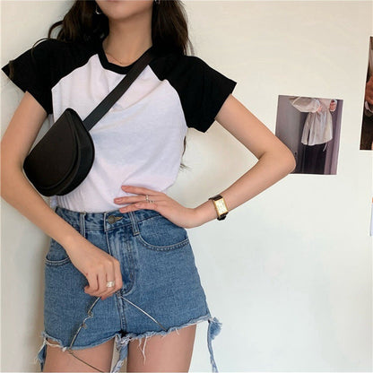 Damen Crop- Baumwollmix Kontrastärmel
