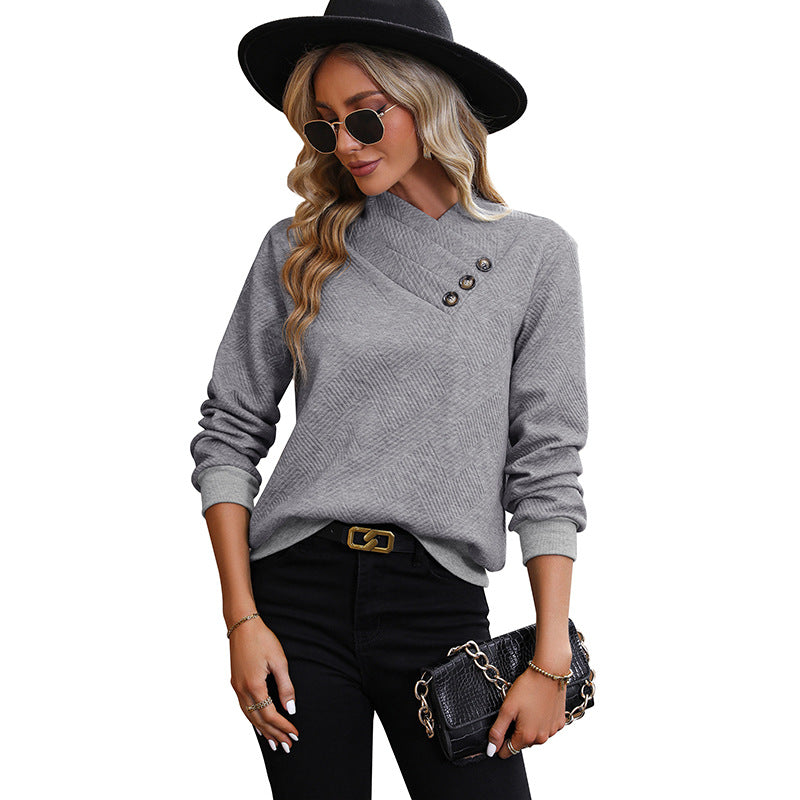 Damen Sweatshirt Strukturiert Modische Knöpfe Grau Eveloria