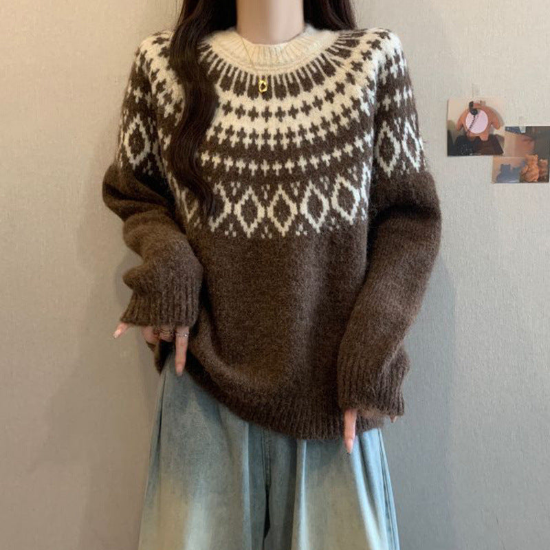 Damen Strickpullover Nordisches Muster Weich Grau