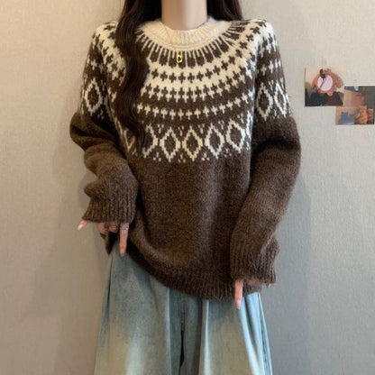 Damen Strickpullover Nordisches Muster Weich Grau