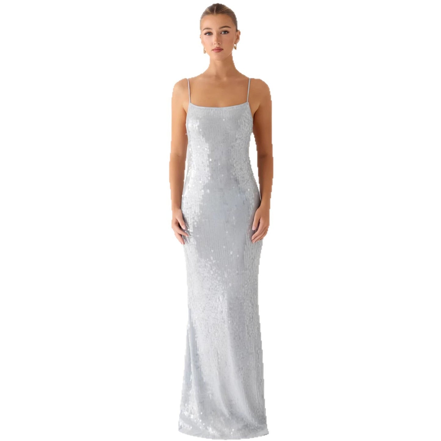 Damen Maxikleid Pailletten schmal Schnitt Spaghettiträger