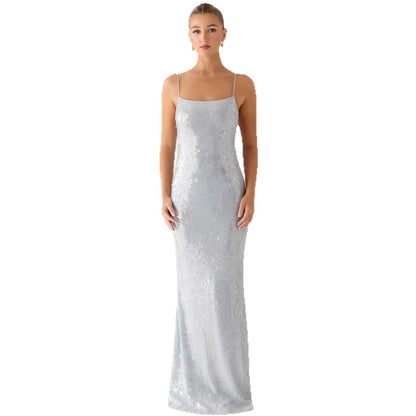Damen Maxikleid Pailletten schmal Schnitt Spaghettiträger
