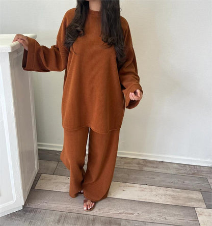 Damen Lounge-Set Weiches Rippmaterial Weit Schnitt Beige