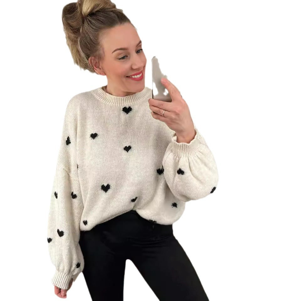 Damen Strickpullover Weitem Schnitt Herzmotiv Kuschelig
