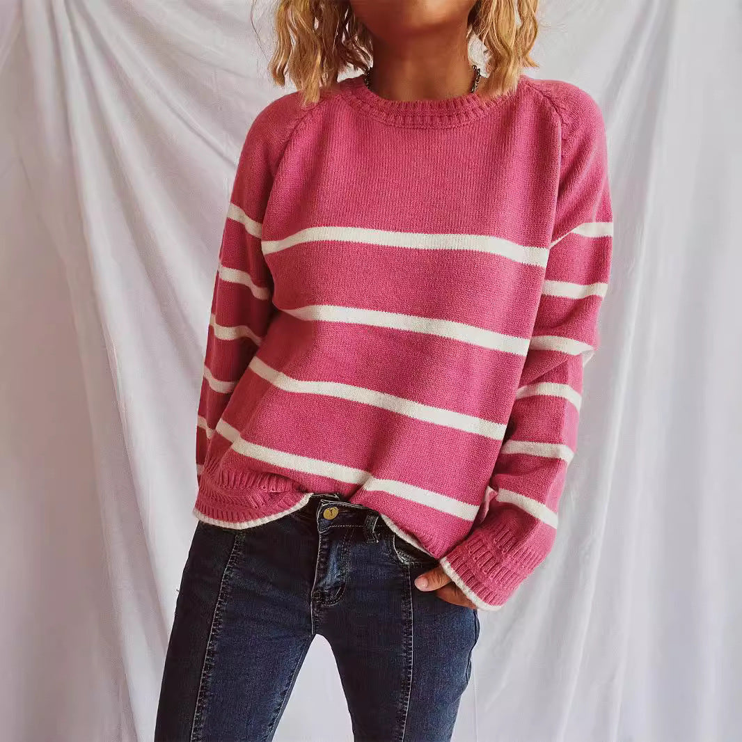 Damen Strickpullover Gestreift Modischer Kragen Eveloria