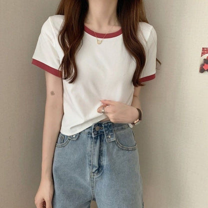Damen T-Shirt Kurzarm Leichtes Baumwollshirt Weiß
