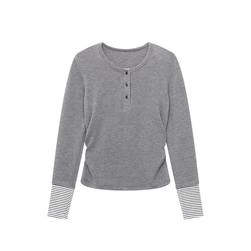 Damen Langarmshirt Gestreift mit Knopfverschluss