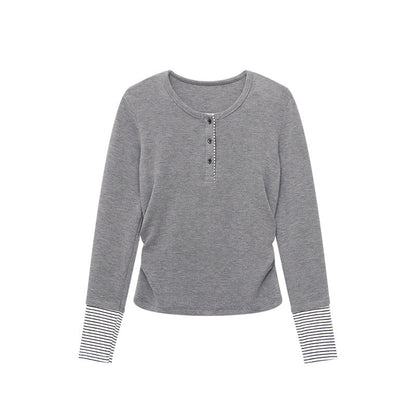 Damen Langarmshirt Gestreift mit Knopfverschluss
