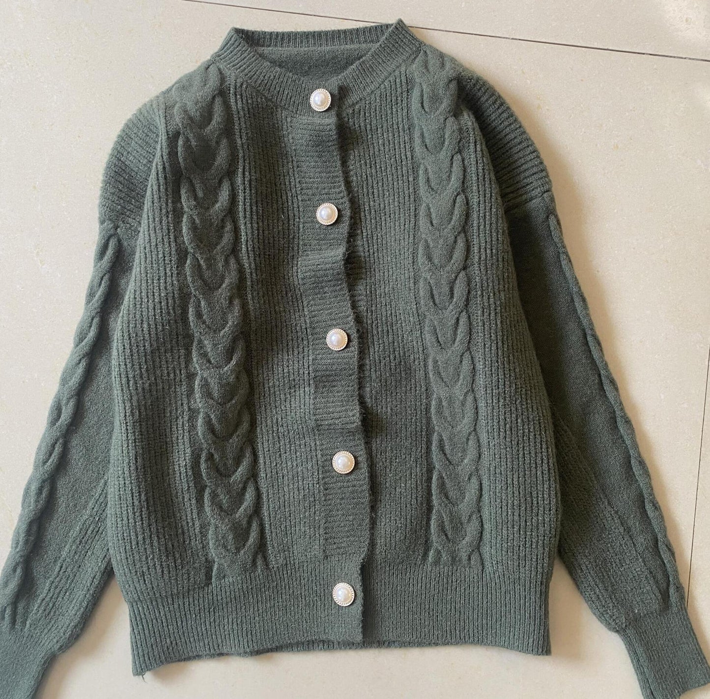 Damen Strickcardigan Kuschelig Perlenknöpfe Beige