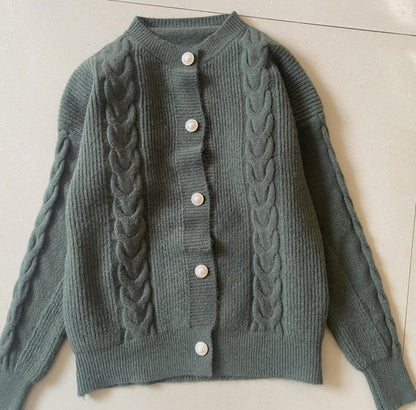 Damen Strickcardigan Kuschelig Perlenknöpfe Beige