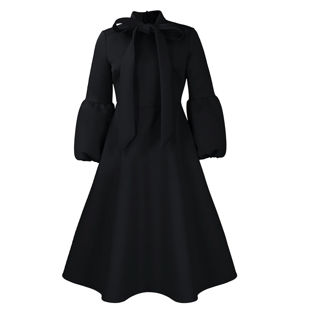 Damen Midi-Kleid Länge Knie, lange Puffärmel, elegante Schleife