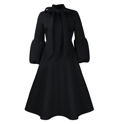 Damen Midi-Kleid Länge Knie, lange Puffärmel, elegante Schleife