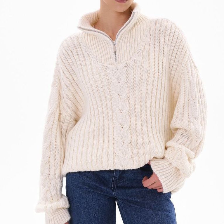 Damen Grobstrickpullover Zip-Kragen Zopf-Design Eveloria