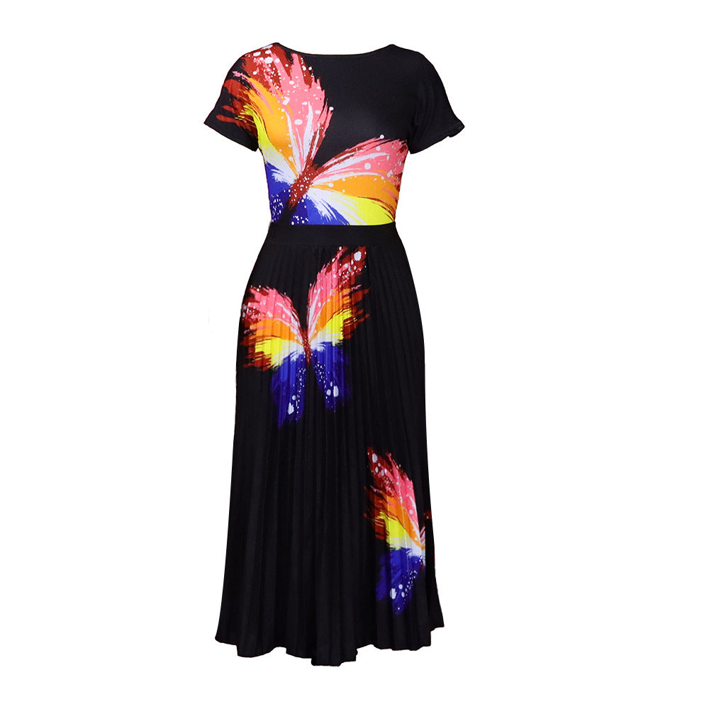 Damen Maxikleid Bunt Schmetterling Plisseefalte Eveloria