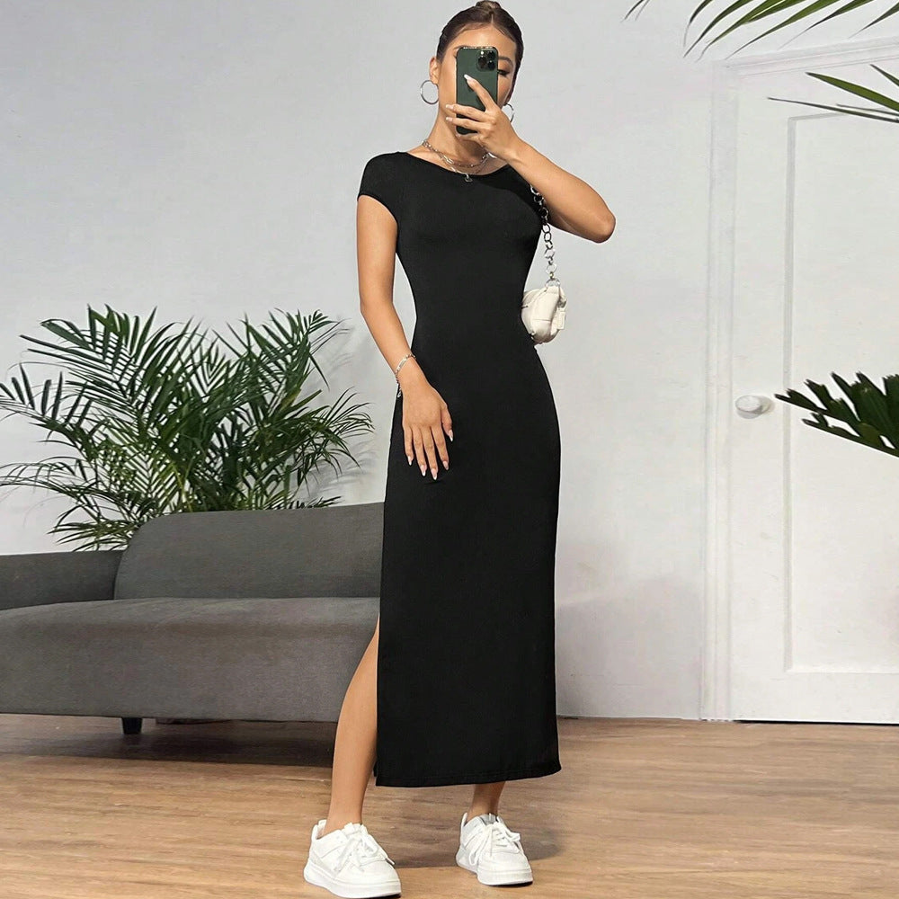 Eveloria Damen Maxikleid Elastisches Jersey Rundhalsausschnitt