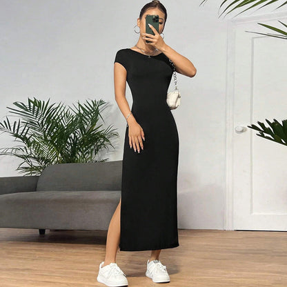 Eveloria Damen Maxikleid Elastisches Jersey Rundhalsausschnitt