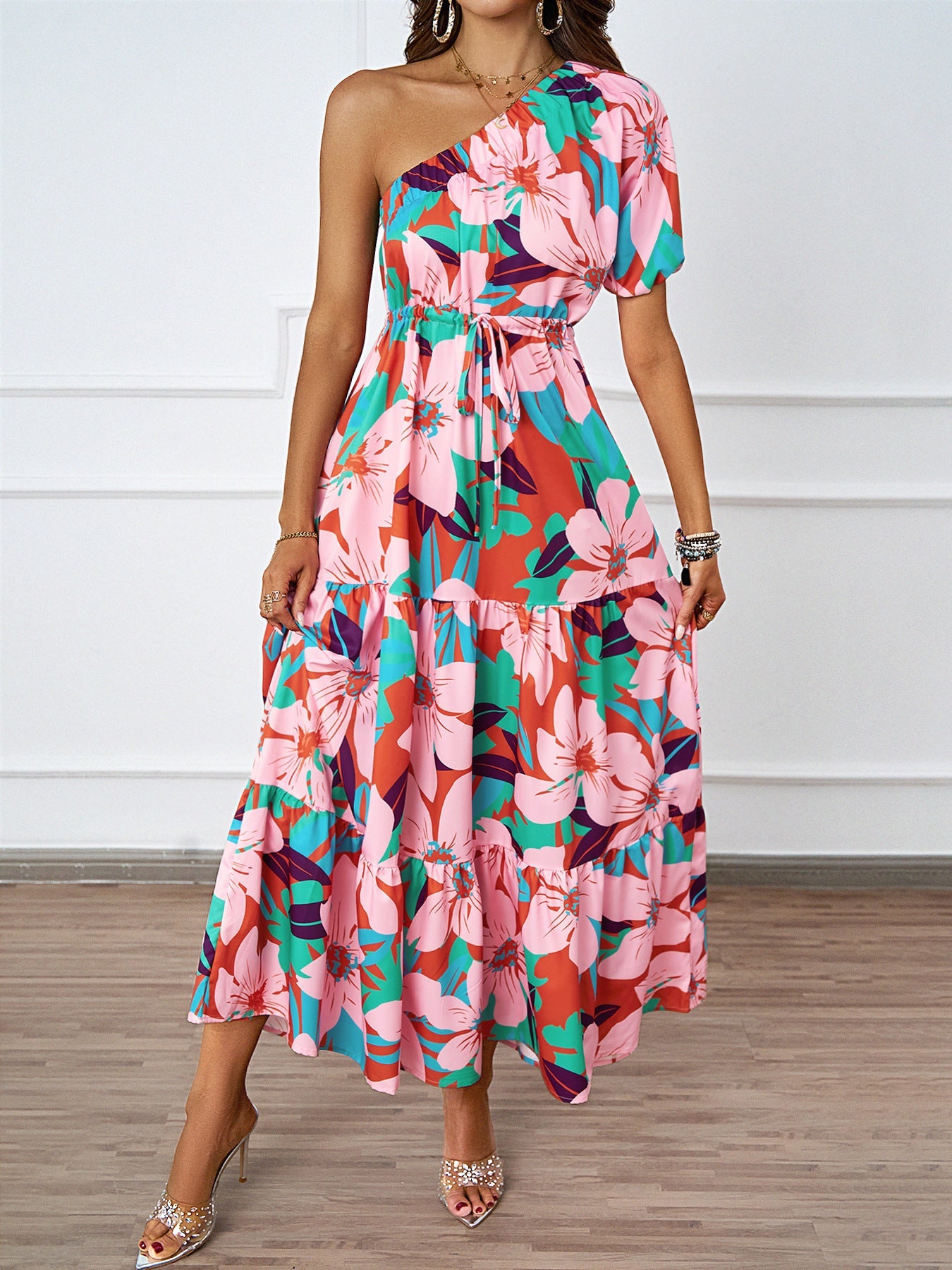 Damen Maxikleid Asymmetrisch Floralmuster Sommerkleid