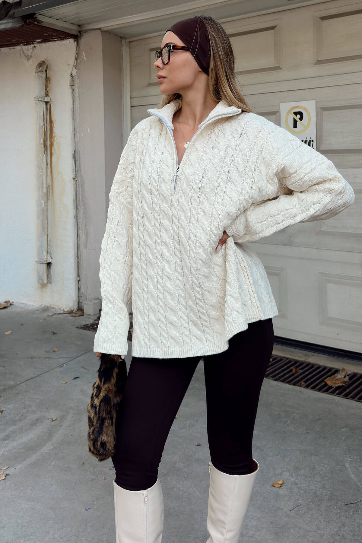 Damen Strickpullover Stehkragen Reißverschluss Grau