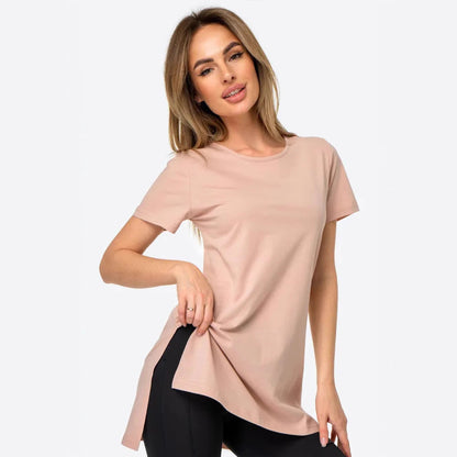 Damen Longline T-Shirt mit Schlitzen Hochwertiges Baumwoll-Material