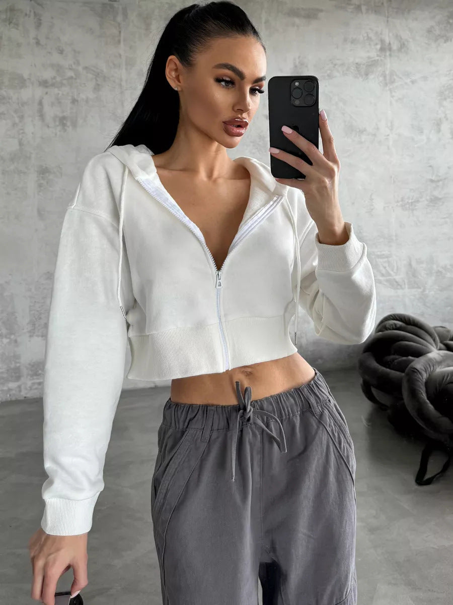 Damen Cropped Hoodie Sportlich mit Kängurutasche und weiten Ärmeln