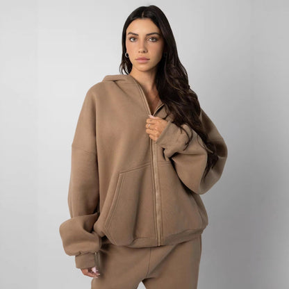 Damen Fleece Hoodie Jogginghose Set mit Reißverschluss und Taschen