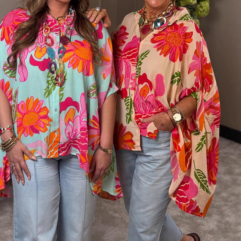 Damen Kimono Bluse Bunt Blumen Design