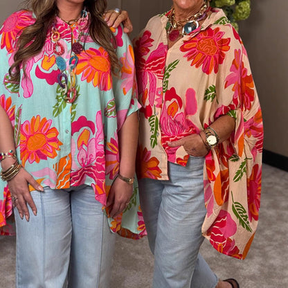 Damen Kimono Bluse Bunt Blumen Design