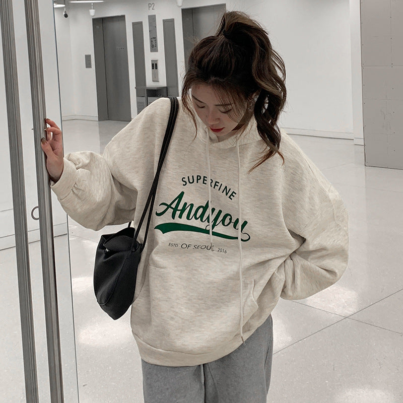 Damen Hoodie Moderner Schriftzug Lässig Grau