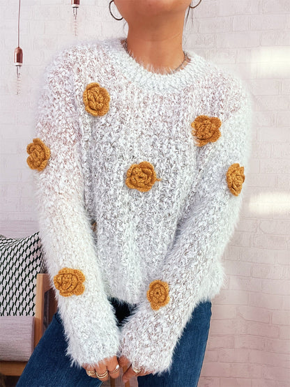 Damen Strickpullover Kuschelig Floralmuster Eveloria