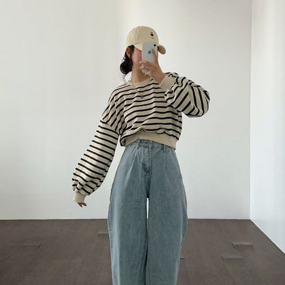 Damen Sweatshirt Gestreift Lässig Puffärmel Grau