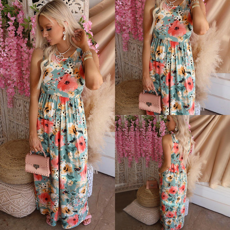 Damen Maxikleid Floralmuster Elastischer Taillenbund