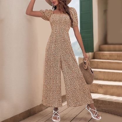 Damen Jumpsuit Elastischer Bund Puffärmel Eveloria