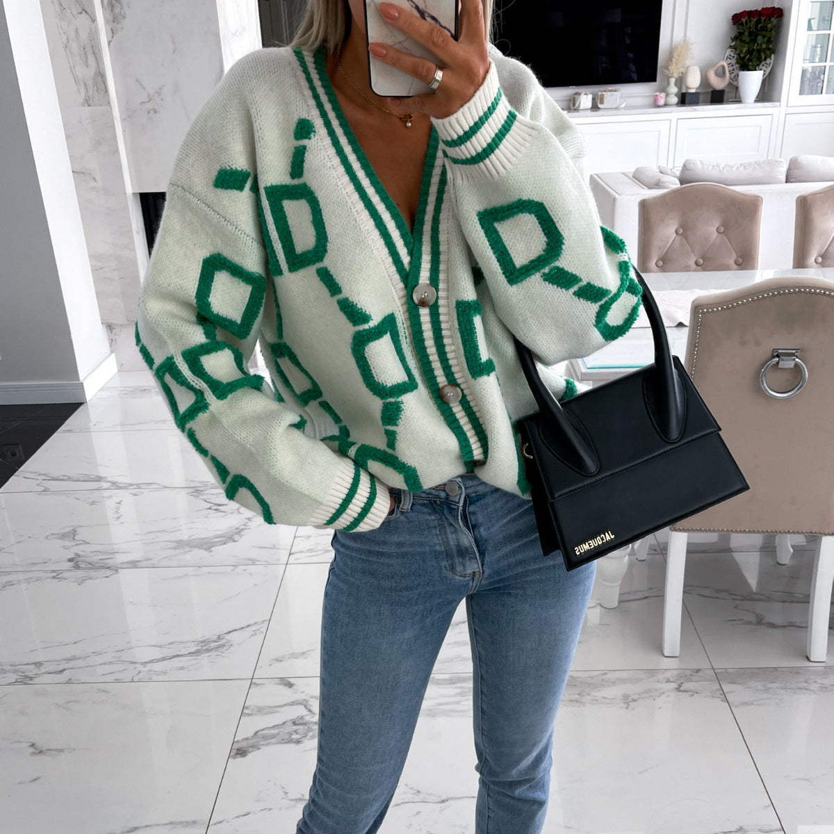 Damen Cardigan Grobstrick Kontrastmuster Eveloria