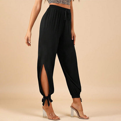 Damen Hose mit Seitenschlitzen und Kordelzug Schwarz Eveloria - Eveloria