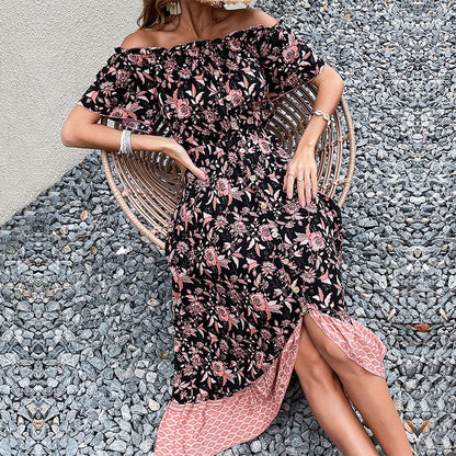 Damen Off-Shoulder Maxikleid Floralmuster Hochschlitz