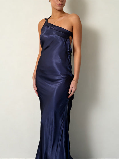 Damen Maxikleid Asymmetrisches Halterdesign Satin Schimmernd