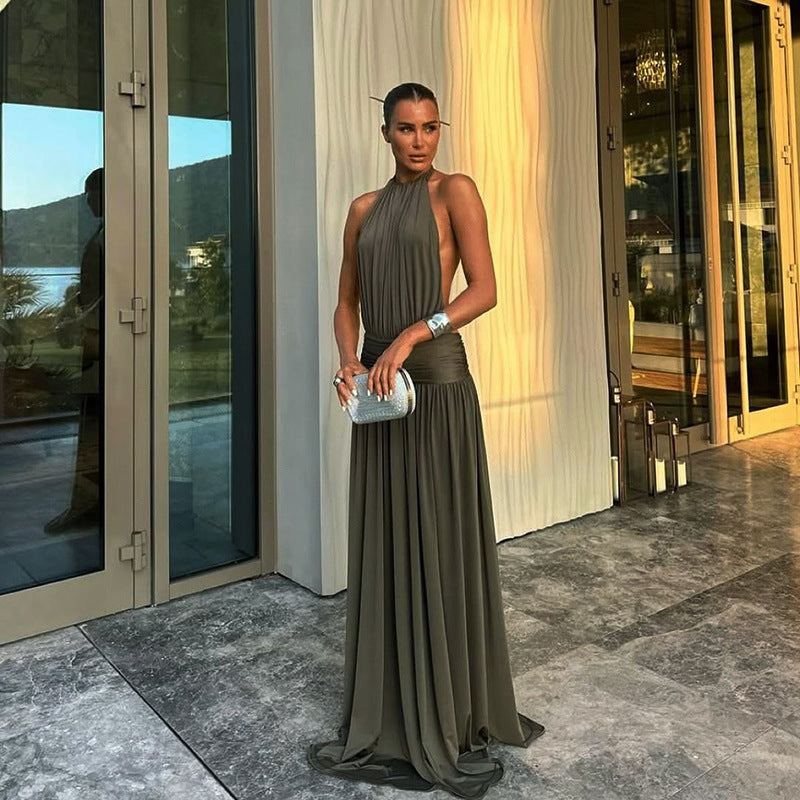 Damen Maxikleid Hohler Kragen Fließender Stoff Eveloria