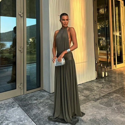 Damen Maxikleid Hohler Kragen Fließender Stoff Eveloria