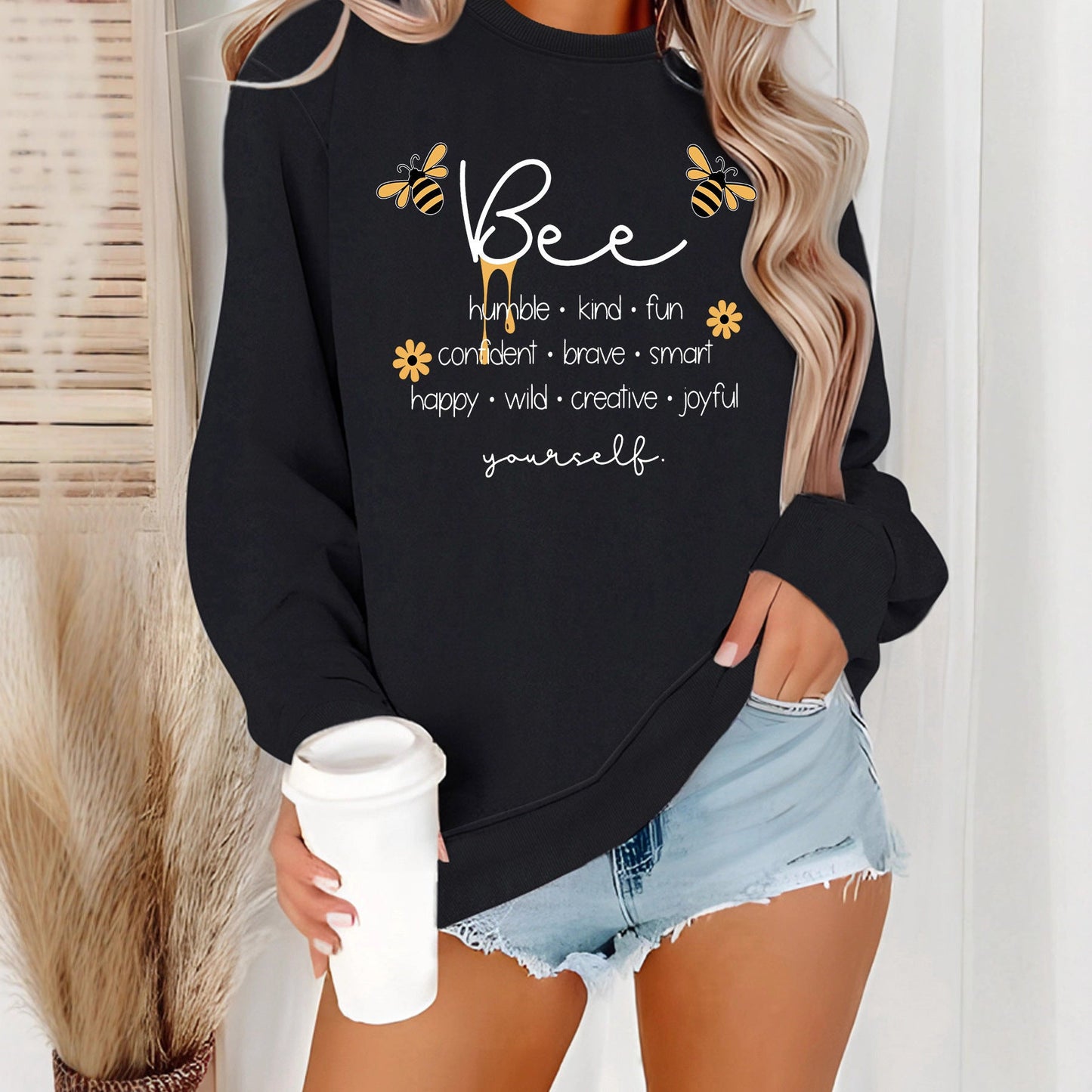 Damen Sweatshirt Bienenmotiv Positives Design Grau