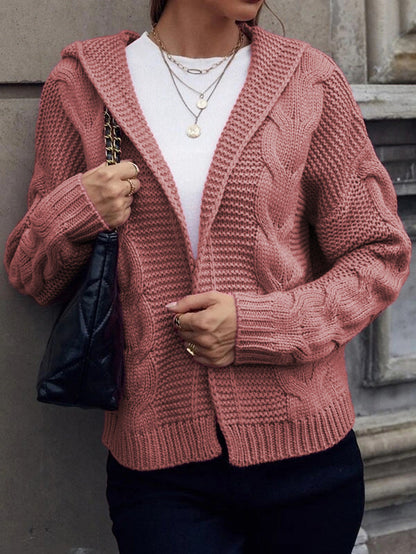 Damen Cardigan Grobstrick Kapuze Zopfmuster Beige