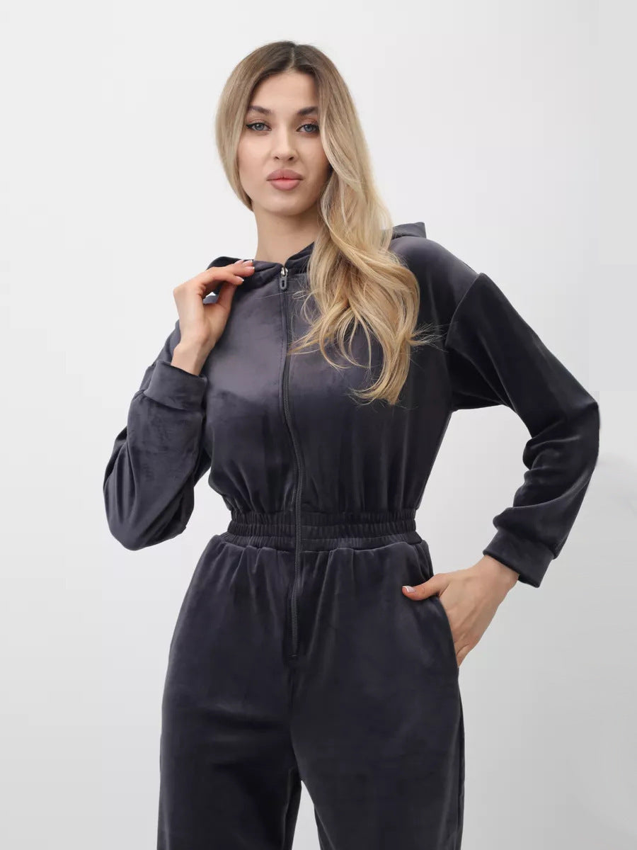 Damen Fleece-Jumpsuit Weich Hohler Kragen Tailliert Eveloria