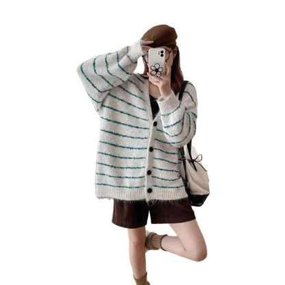 Damen Grobstrickcardigan Kontraststreifen Weich Ärmel