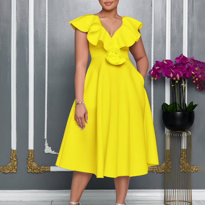 Damen A-Linien Kleid Rüschen Floralmuster Eveloria