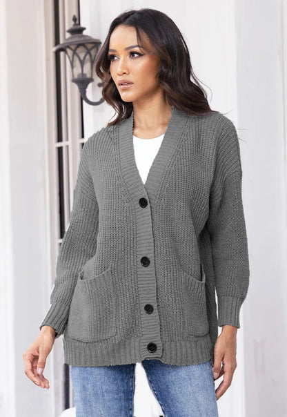 Damen Cardigan Grobstrick mit großen Taschen V-Ausschnitt Beige