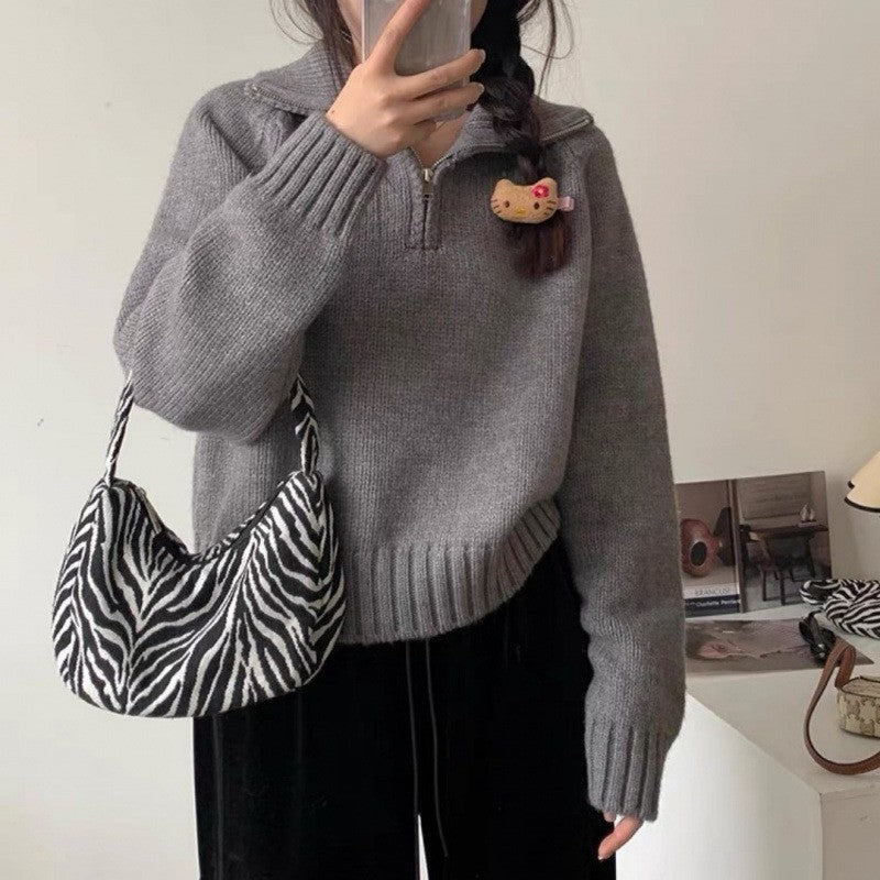 Damen Strickpullover Hochgeschlossen Reißverschluss Eveloria - Eveloria